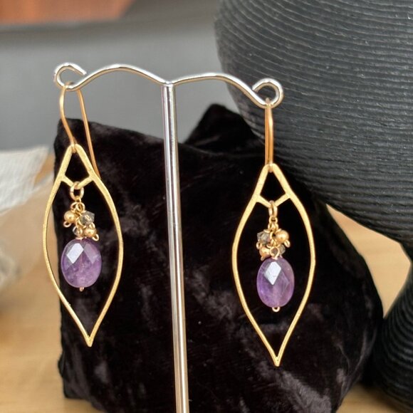 14Kt Gold Fill Amethyst Drop Leaf Earrings Handmade Artisan - Picture 3 of 7